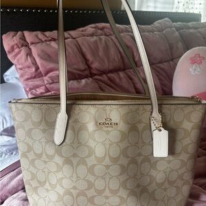 Coach Beige Signature Canvas Tote with Light Cream Leather Trim